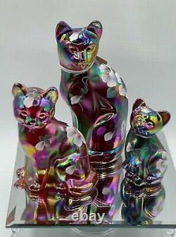 Fenton Iridiscent Red Carnival Glass Stylized Cats Set of 3 Signed Numbered