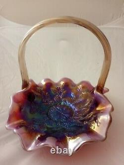 Fenton Iridized Plum Opalescent Carnival Holly Berry Etched Basket