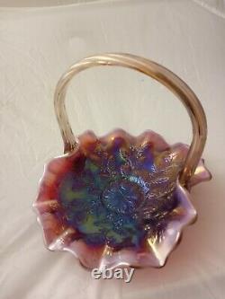 Fenton Iridized Plum Opalescent Carnival Holly Berry Etched Basket