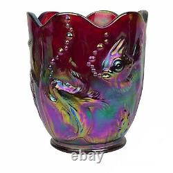 Fenton Koi Fish Atlantis Vase Plum Opalescent Carnival Glass 6.5 Vtg Art Glass