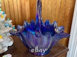 Fenton L. E. Smith Cobalt Blue Iridescent Carnival Glass Basket Bowl Feather PTRN
