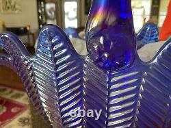 Fenton L. E. Smith Cobalt Blue Iridescent Carnival Glass Basket Bowl Feather PTRN