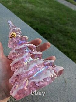 Fenton Large Pink iridescent carnival glass tree with teddy bear snow frit