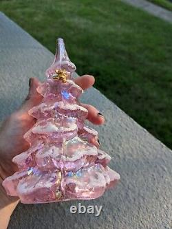 Fenton Large Pink iridescent carnival glass tree with teddy bear snow frit