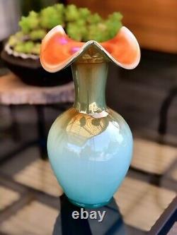 Fenton Levay Aqua opalescent Peach carnival glass Vase 10