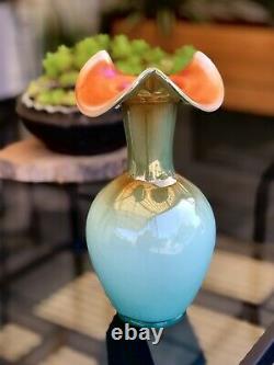 Fenton Levay Aqua opalescent Peach carnival glass Vase 10