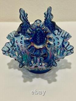 Fenton Mini Blue Carnival 3 Horn Hobnail Epergne