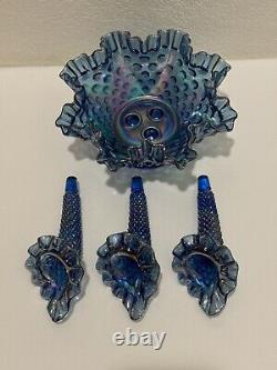 Fenton Mini Blue Carnival 3 Horn Hobnail Epergne