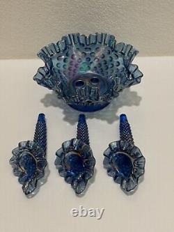 Fenton Mini Blue Carnival 3 Horn Hobnail Epergne