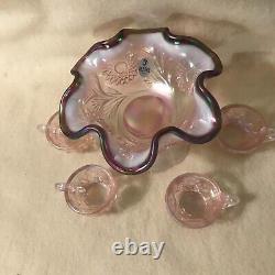 Fenton Mini Punch Bowl Set Iridescent Pink Plum Trim with 4 cups