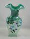 Fenton New Century Collection Green Iridescent Carnival Glass Hand Painted Vase