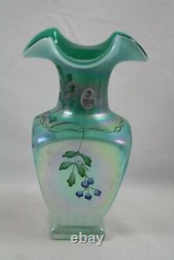 Fenton New Century Collection Green Iridescent Carnival Glass Hand Painted Vase