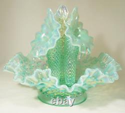 Fenton Opalescent Hobnail Epergne Teal Carnival 3 Horn Vase Centerpiece 7 1/2