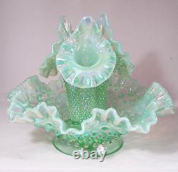 Fenton Opalescent Hobnail Epergne Teal Carnival 3 Horn Vase Centerpiece 7 1/2