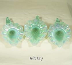 Fenton Opalescent Hobnail Epergne Teal Carnival 3 Horn Vase Centerpiece 7 1/2