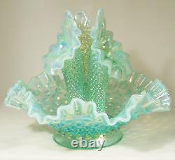 Fenton Opalescent Hobnail Epergne Teal Carnival 3 Horn Vase Centerpiece 7 1/2