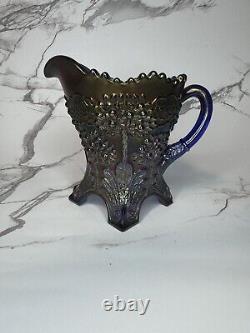 Fenton Orange Tree Scarce Blue Carnival Glass iridescent Ornate Footed Creamer