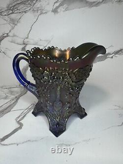 Fenton Orange Tree Scarce Blue Carnival Glass iridescent Ornate Footed Creamer