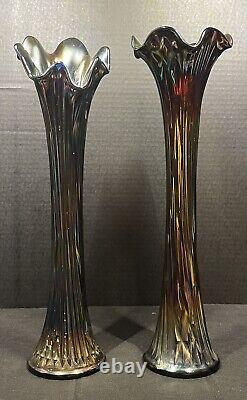 Fenton Pair Cobalt Amethyst Carnival Glass Fine Rib Swung Vase Iridescent 16