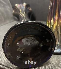 Fenton Pair Cobalt Amethyst Carnival Glass Fine Rib Swung Vase Iridescent 16