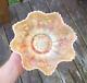 Fenton Peach Opalescent Carnival Glass Peacock & Grape Ruffled Bowl