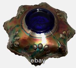 Fenton Peacock At The Urn Carnival Glass Ruffled Bowl Blue Iridescent Vintage