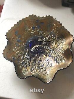 Fenton Peacock At The Urn Carnival Glass Ruffled Bowl Blue Iridescent Vintage