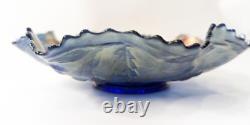 Fenton Peacock & Urn Carnival Glass Ruffled Bowl, Blue Bearded Berry Excellent