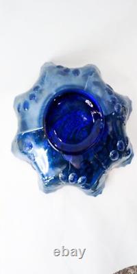 Fenton Peacock & Urn Carnival Glass Ruffled Bowl, Blue Bearded Berry Excellent