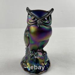 Fenton Perched Owl Carnival Cobalt Blue Iridescent Glass 5.5