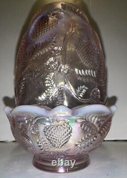 Fenton Pink Iridescent Carnival Glass Strawberry Pattern Fairy Lamp 5 Vintage