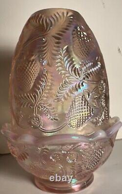 Fenton Pink Iridescent Carnival Glass Strawberry Pattern Fairy Lamp 5 Vintage