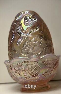 Fenton Pink Iridescent Carnival Glass Strawberry Pattern Fairy Lamp 5 Vintage