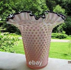 Fenton Pink Iridescent Overlay with Iridized Crest Hobnail Crimped Vase 8H x 9W