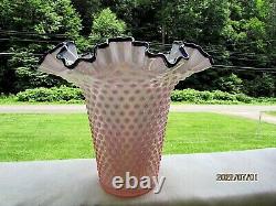 Fenton Pink Iridescent Overlay with Iridized Crest Hobnail Crimped Vase 8H x 9W