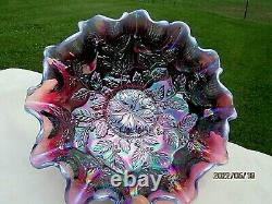 Fenton Plum Opalescent Carnival Glass Berries & Leaf Bowl 8W x 4H Deep Plum