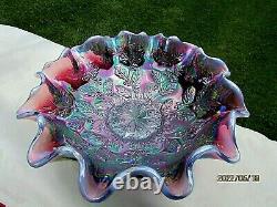Fenton Plum Opalescent Carnival Glass Berries & Leaf Bowl 8W x 4H Deep Plum