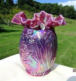 Fenton Plum Opalescent Carnival Glass Daffodil Vase 8H x 6.25W 1990's