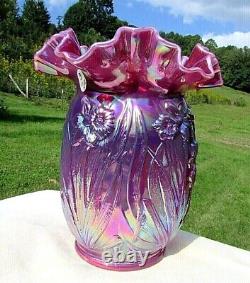 Fenton Plum Opalescent Carnival Glass Daffodil Vase 8H x 6.25W 1990's