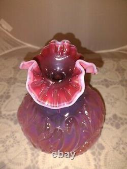 Fenton Plum Opalescent Carnival Swans & Cattails Glass Vase 8H x 7W