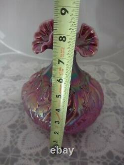 Fenton Plum Opalescent Carnival Swans & Cattails Glass Vase 8H x 7W