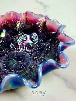 Fenton Plum Opalescent Glass Berries-Leaf Bowl 8W x 4H Mint