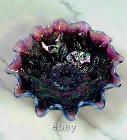 Fenton Plum Opalescent Glass Berries-Leaf Bowl 8W x 4H Mint
