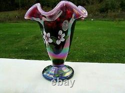 Fenton Plum Opalescent Hand Painted Floral Vase 6.5H George W. Fenton