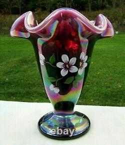 Fenton Plum Opalescent Iridized Hand Painted Floral Vase 6.5H George W. Fenton