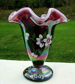 Fenton Plum Opalescent Iridized Hand Painted Floral Vase 6.5H George W. Fenton