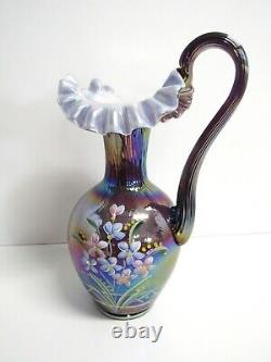 Fenton Plum Overlay Iridescent Glass Pitcher Artist Signature