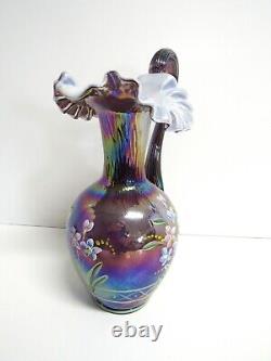 Fenton Plum Overlay Iridescent Glass Pitcher Artist Signature