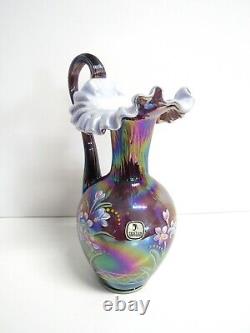 Fenton Plum Overlay Iridescent Glass Pitcher Artist Signature