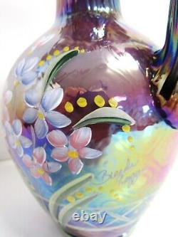 Fenton Plum Overlay Iridescent Glass Pitcher Artist Signature